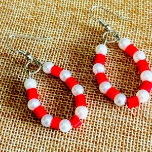 Read and white beaded handmade earrings - new